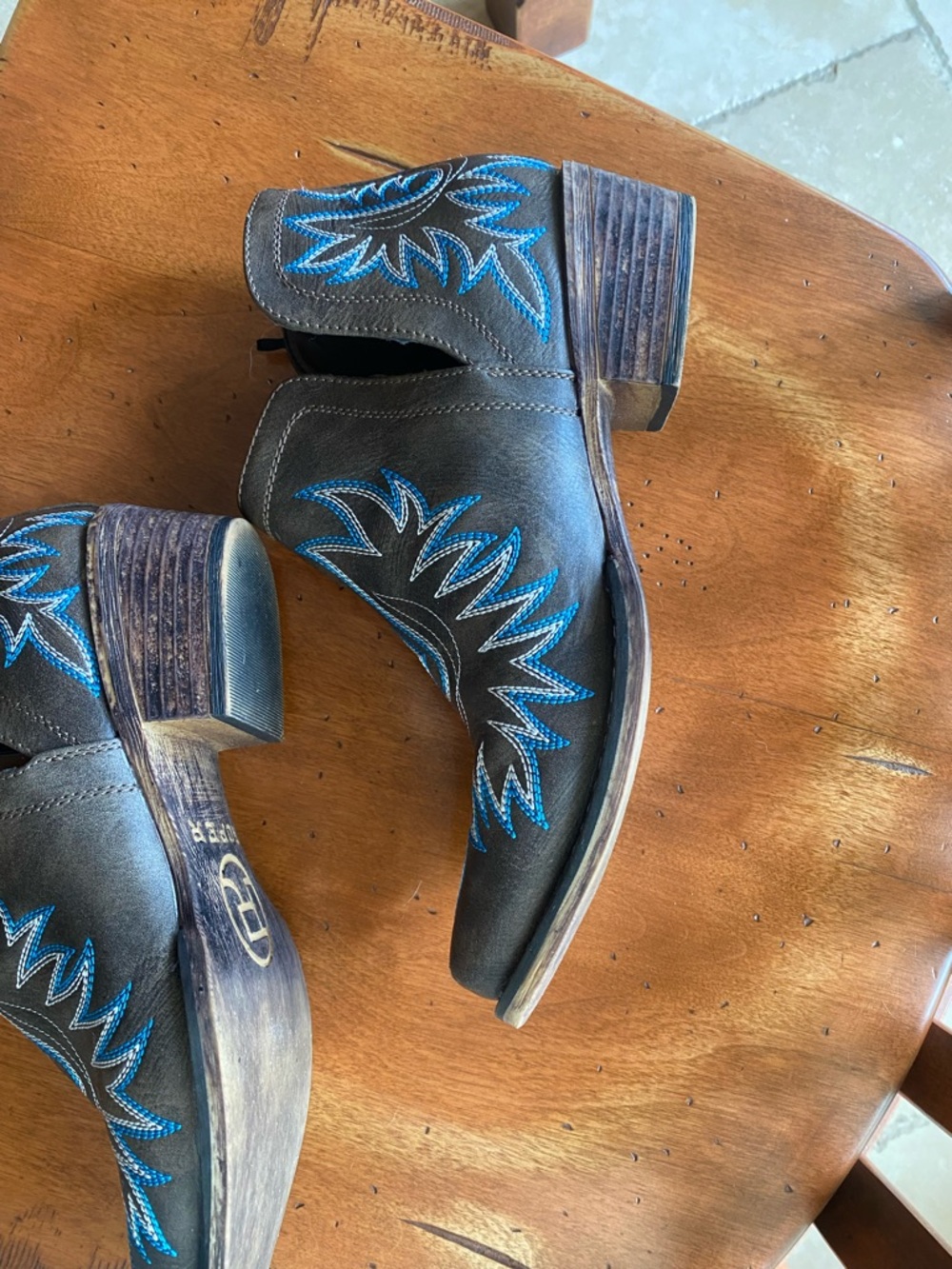 Roper Brown Leather Western Slip-On Boots with Blue Embroidery - Picture 5 of 9